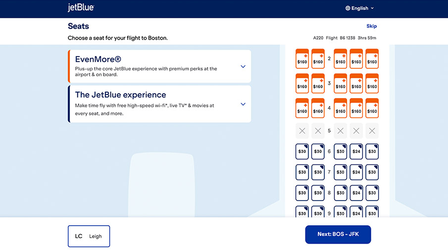 JetBlue Web Check-In shown on a desktop screen