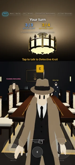 Kroll Case: a detective and other characters seated around a dining table
