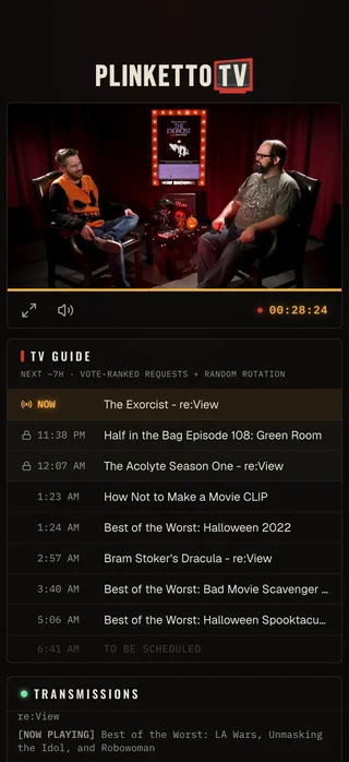 PlinkettoTV home screen: a video player above a ranked TV guide of scheduled shows