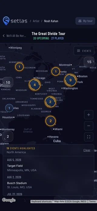 Setlas artist page showing Noah Kahan tour dates on a live music map